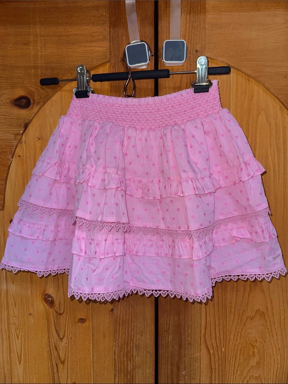 American Girl Pink Layered Ruffle Mini Skirt with Heart Print